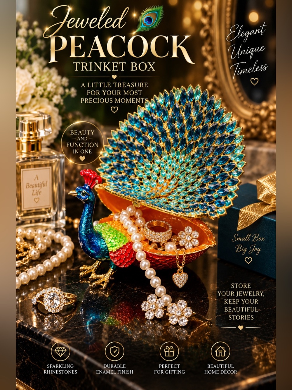 Jeweled Peacock Trinket Box Rhinestone Crystal Enamel Hinged Jewelry Box Decor